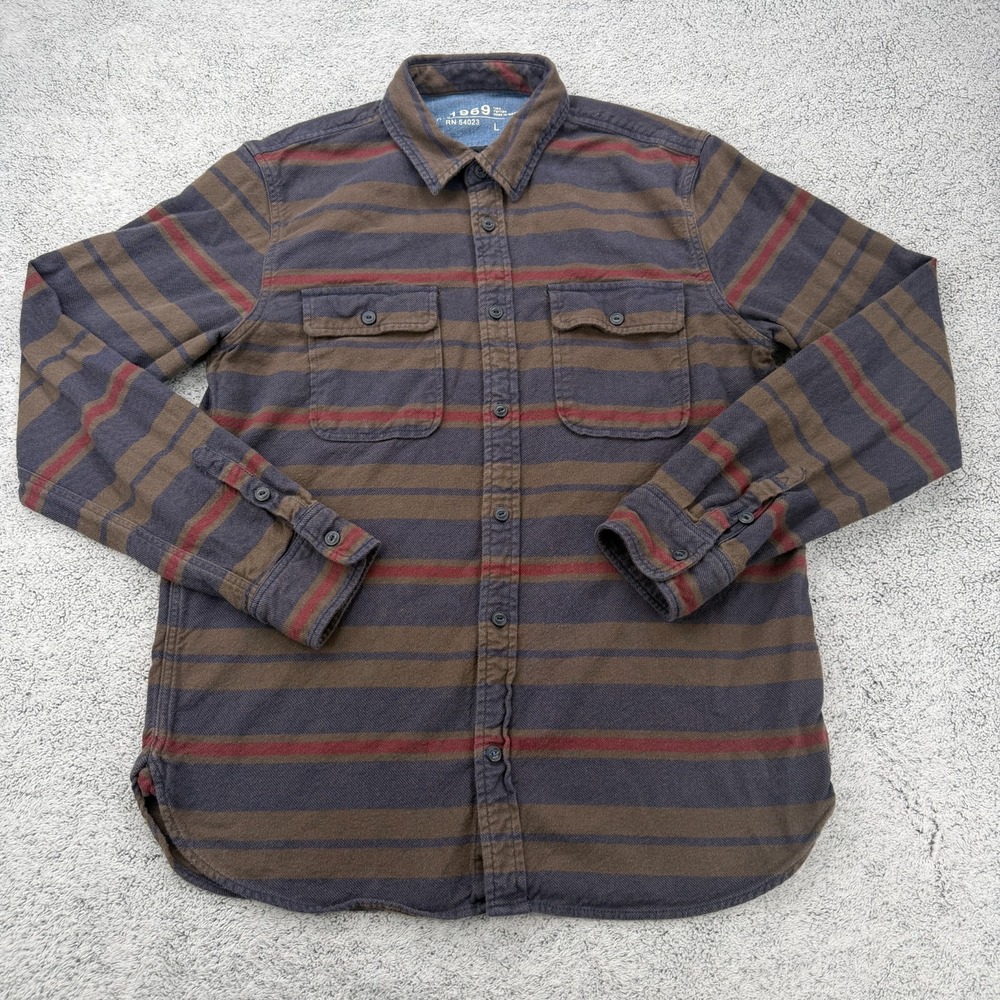Gap 1969 Work Shirt Mens Large Brown Stripe Button Up Heavy Cotton Utility
